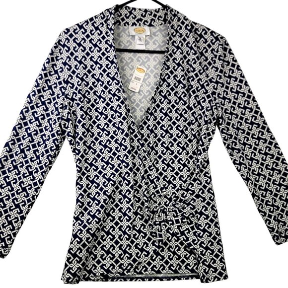 Talbots Navy White Geometric V-Neck Wrap Style Top Small Classic NWT - Picture 1 of 10
